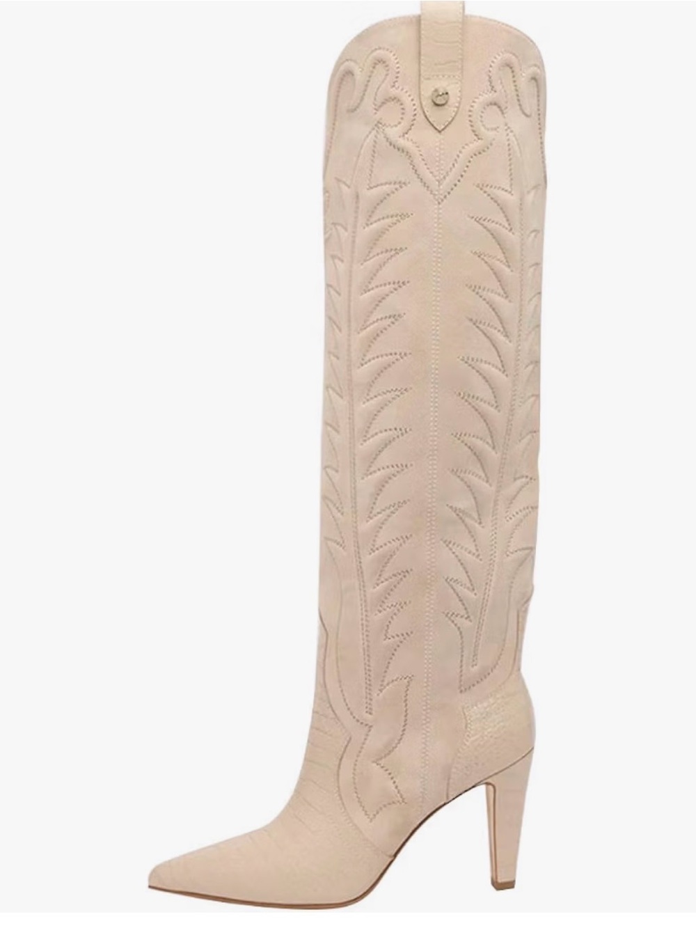 Tall Pointed Toe Knee-High Boot Embroidered in Nude 10.5